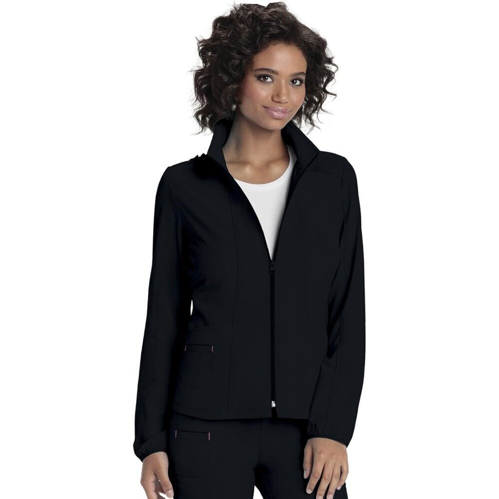 Women Scrubs Jacket Zip Front Warm Up Detachable Hood Pink Contrast Small